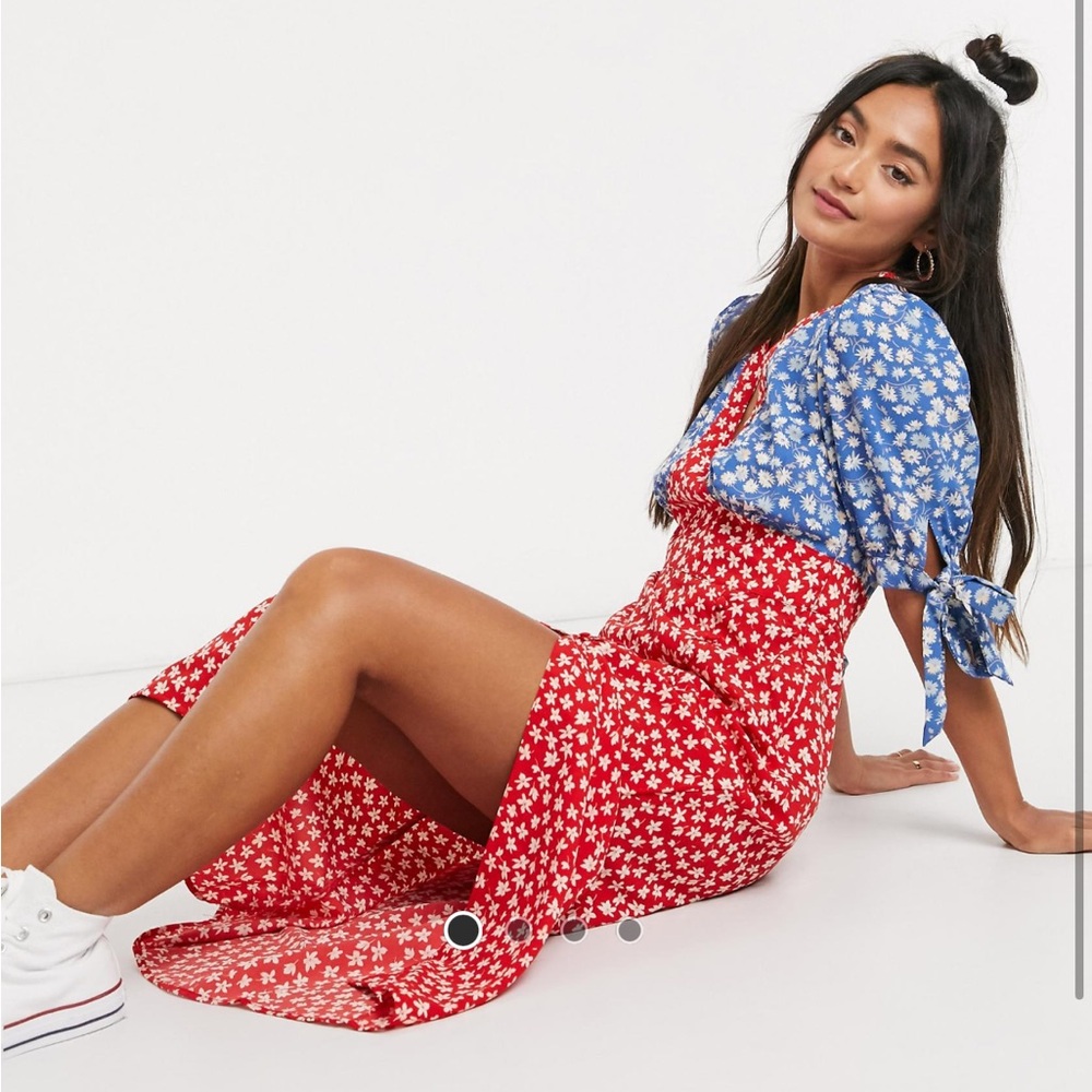 ASOS DESIGN midi tea dress with tie sleeves in mixed floral print size 2